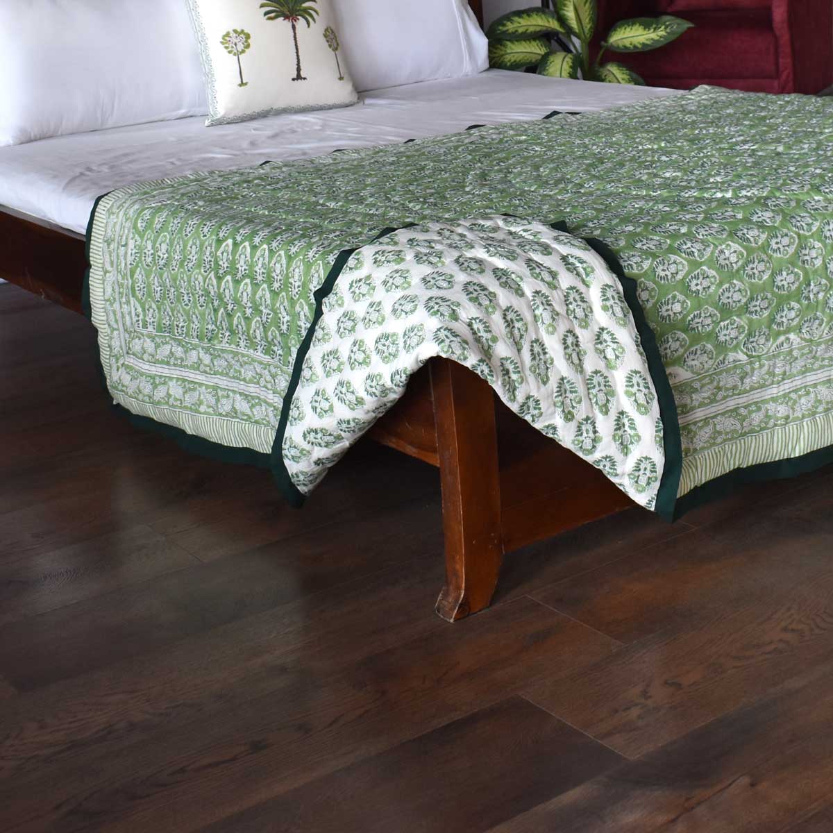 Authentic Jaipuri Razai Single Size Quilt | Boota Celadon Green Gud 100673