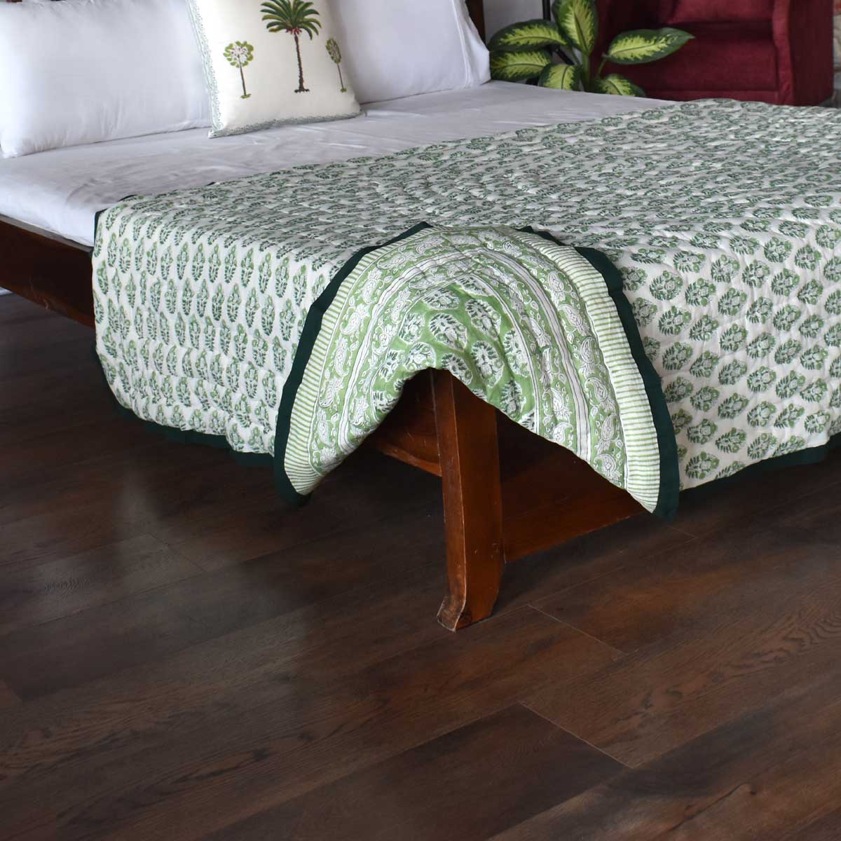 Authentic Jaipuri Razai Single Size Quilt | Boota Celadon Green Gud 100673