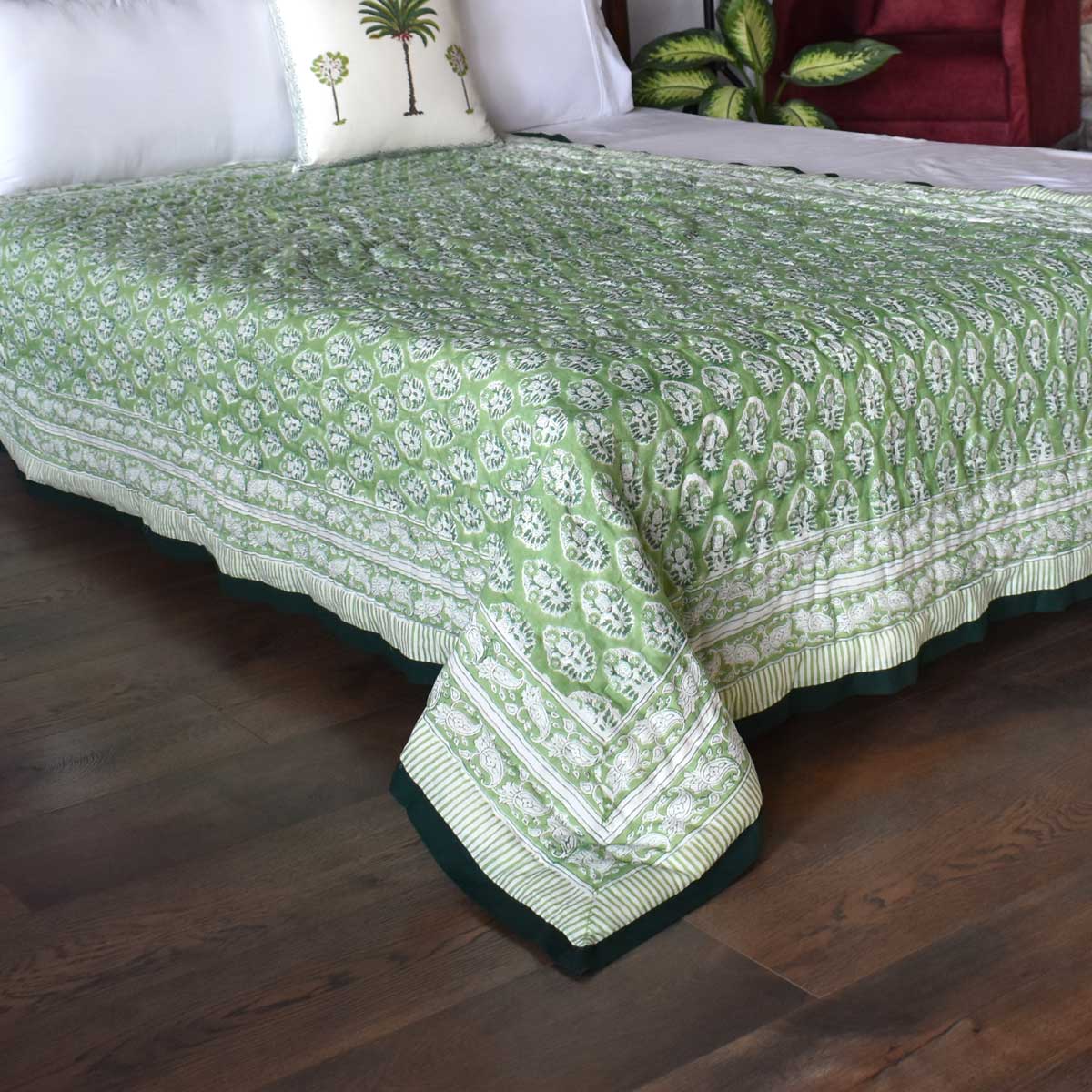 Authentic Jaipuri Razai Single Size Quilt | Boota Celadon Green Gud 100673