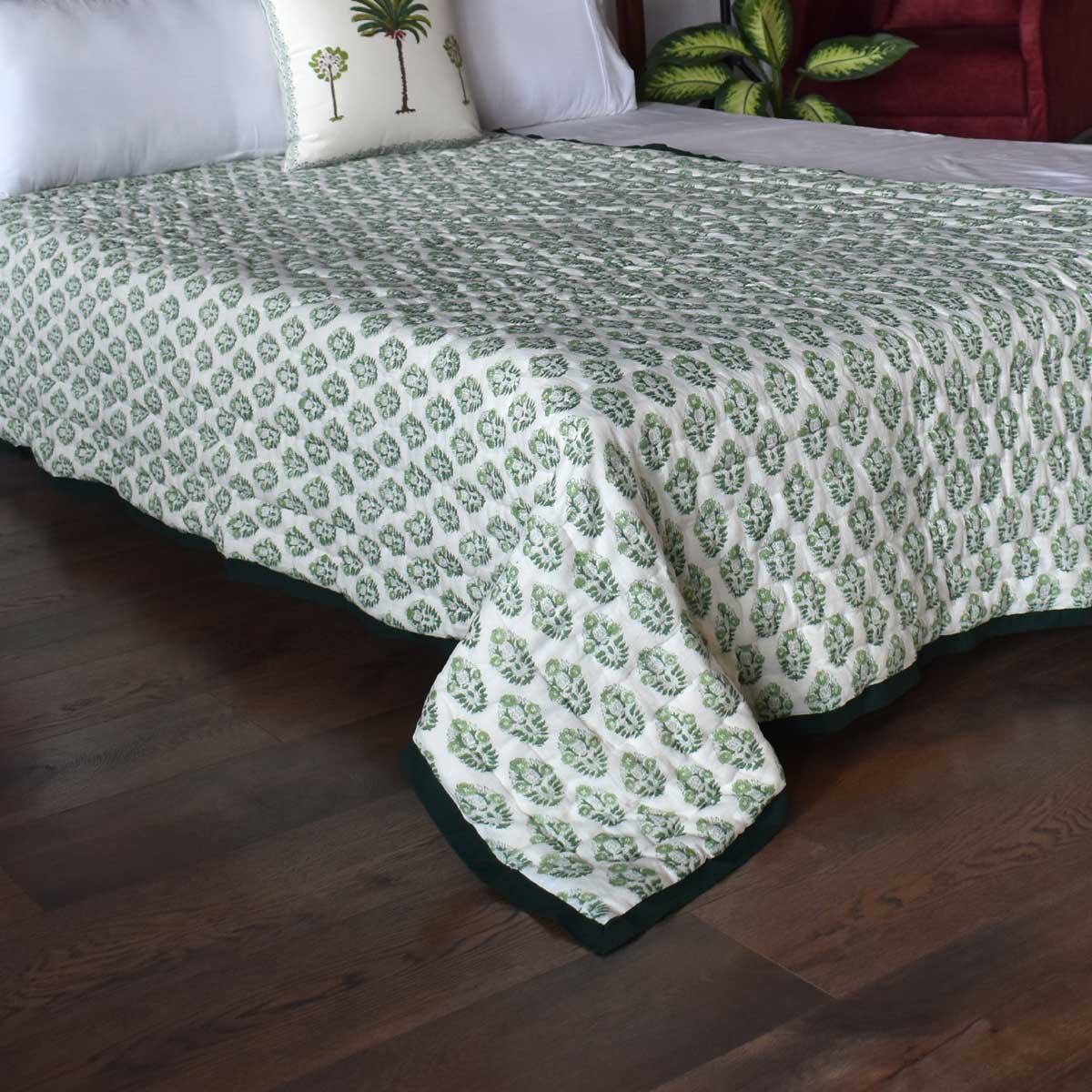 Authentic Jaipuri Razai Single Size Quilt | Boota Celadon Green Gud 100673