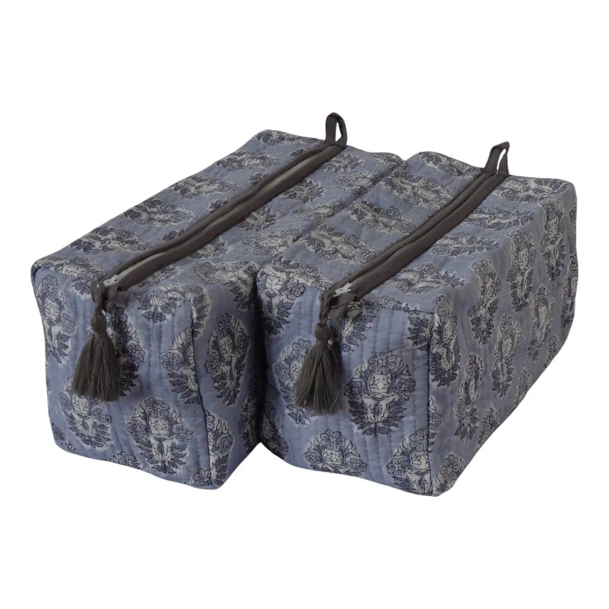 Two rectangular quilted storage bags with a blue and gray damask pattern, featuring dark brown zipper pulls with tassels, shown on a white background.
