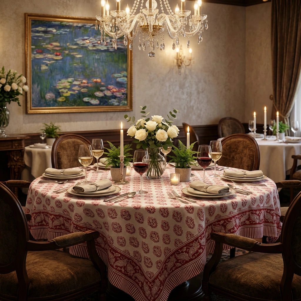 A beautifully set round dining table in a candlelit restaurant or dining room, featuring a red and white patterned tablecloth, white roses, green plants, wine glasses, and a large framed water lily painting on the wall.