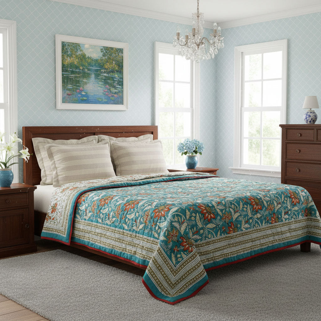 Soft Mulmul Cotton Blanket Queen Quilt | Bossanova Green Gud 393939