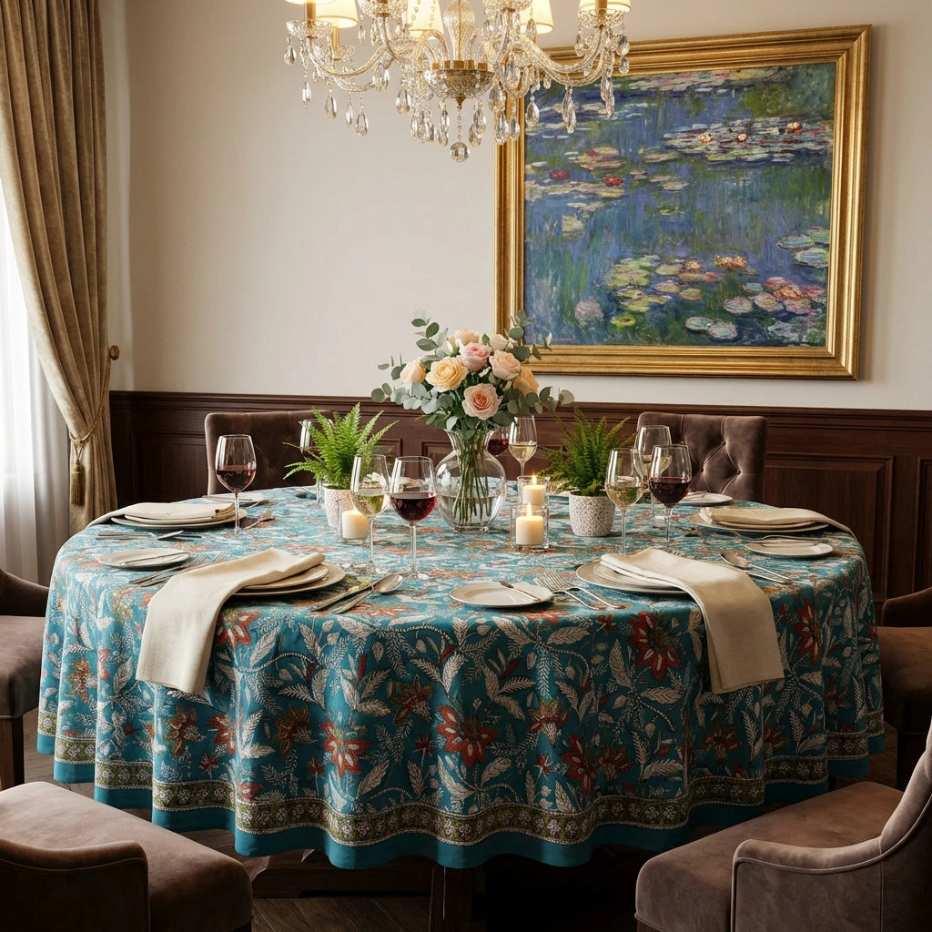 A round dining table set for six with a teal and gold botanical patterned tablecloth, cream napkins, wine glasses, and candles, set in a classic dining room with a chandelier and a framed Monet-style painting on the wall.