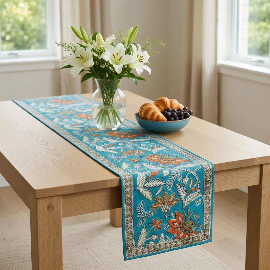 A turquoise blue table runner with a detailed botanical and floral pattern in orange, white, and green, styled on a light wood dining table with a vase of lilies and a bowl of pastries.