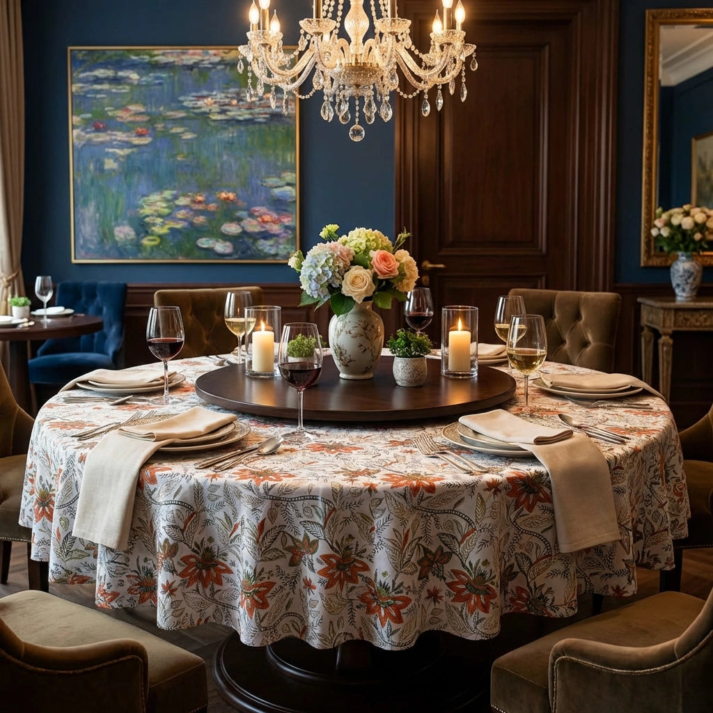 An elegant round dining table set in a richly decorated room, featuring a large floral tablecloth with orange, green, and beige botanical motifs. The table is set with white plates, folded cream napkins, wine glasses, candles, and a central floral arrangement in a ceramic vase.