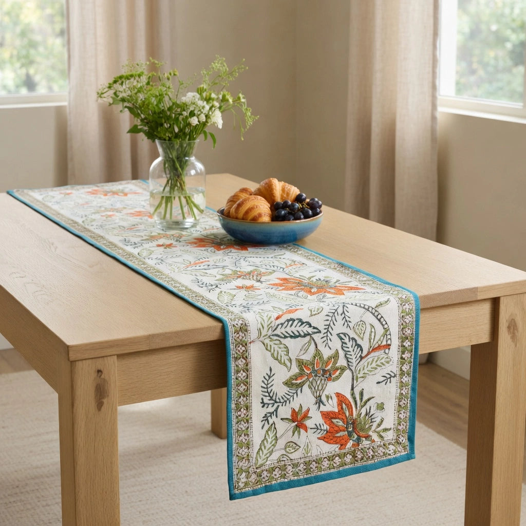 A rectangular table runner with a white base and a colorful botanical pattern in orange, teal, and green, styled on a light wood dining table with a blue bowl of fruit and a vase of flowers.