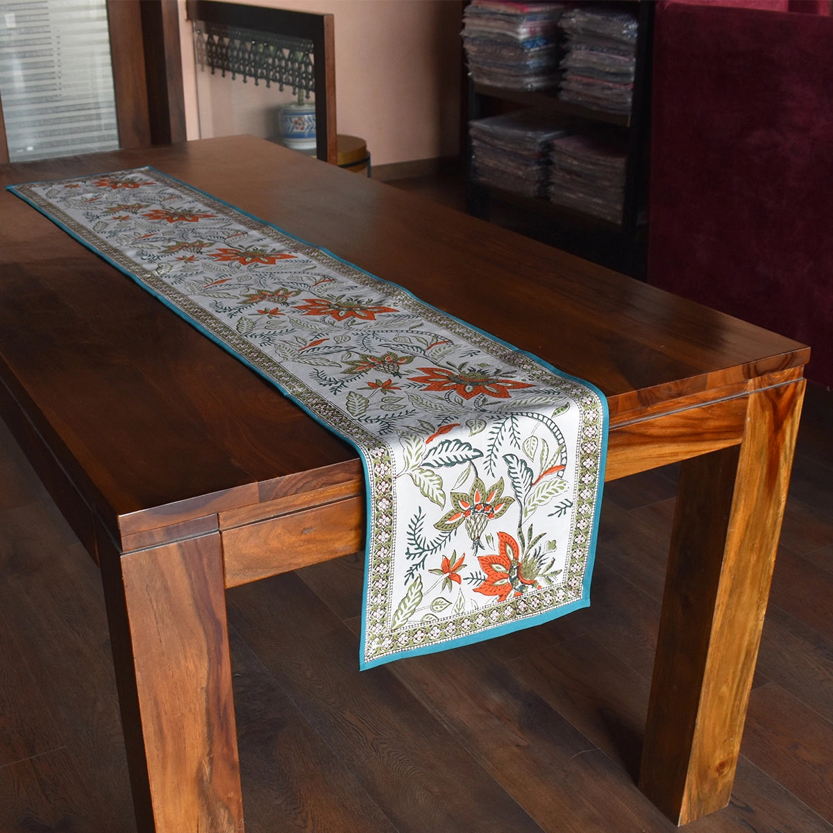 Ethnic Print Table Runner Bossanova Green Open