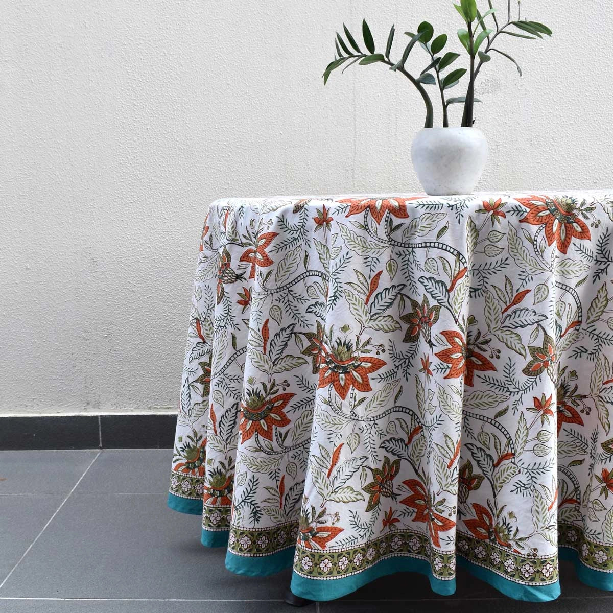 Jaipur Hand Block Round Tablecloth Bossanova Green Open