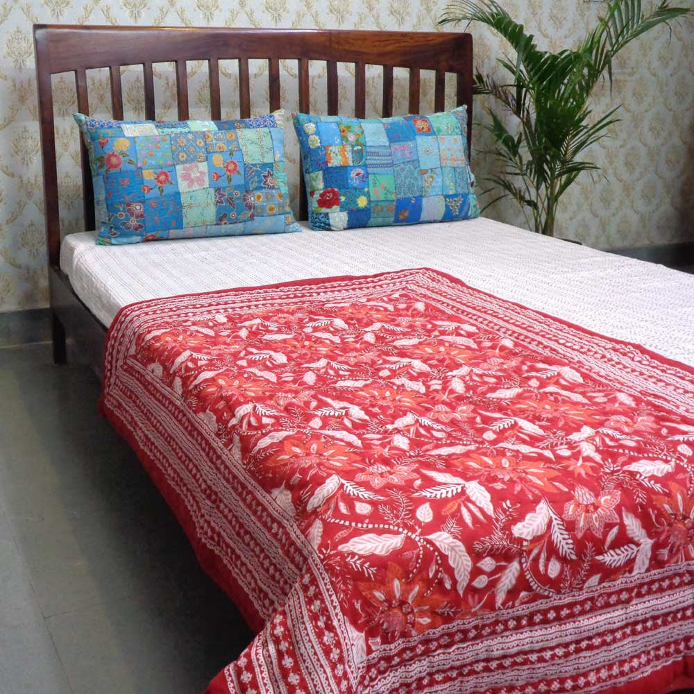 Hand Block Printed Baby Quilt Cotton | Bossanova Red Gud 208858