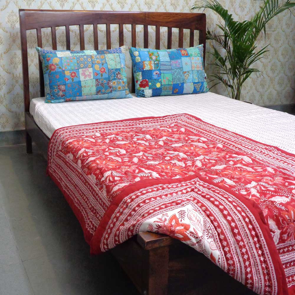 Hand Block Printed Baby Quilt Cotton | Bossanova Red Gud 208858