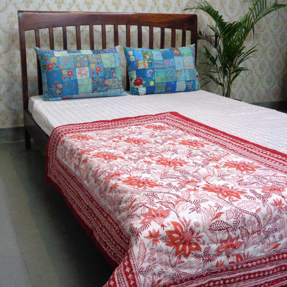 Hand Block Printed Baby Quilt Cotton | Bossanova Red Gud 208858