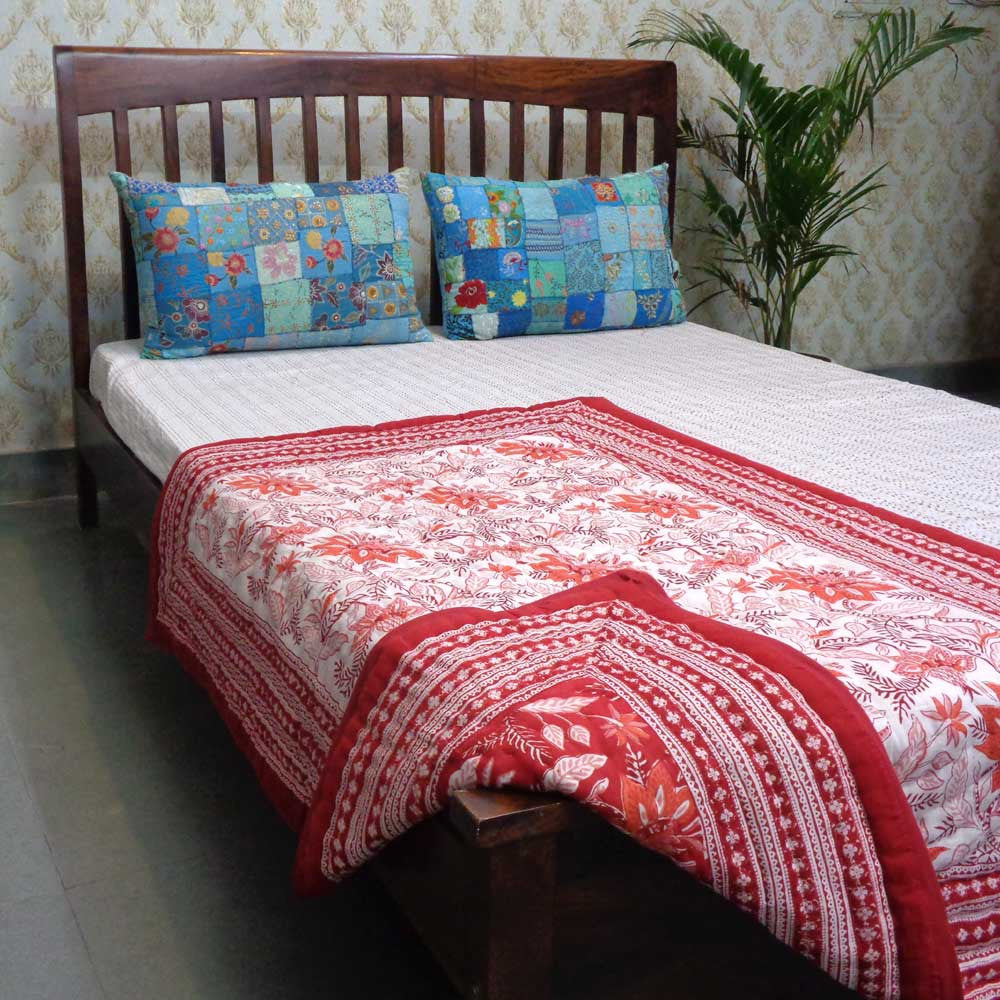 Hand Block Printed Baby Quilt Cotton | Bossanova Red Gud 208858
