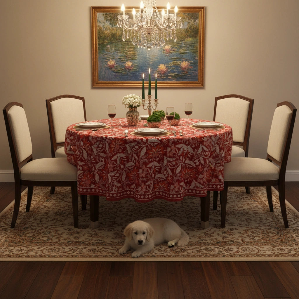 A round dining table set for six with a red and white floral tablecloth, four upholstered chairs, candles, and wine glasses, in a staged dining room with a dog lying on the rug below.