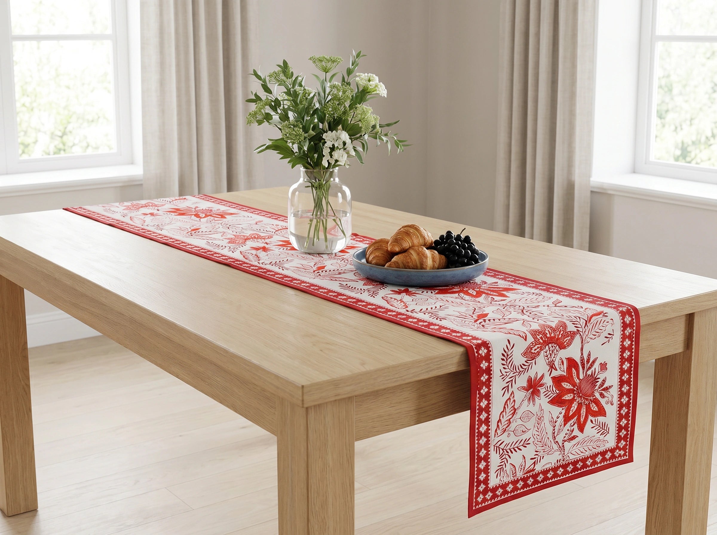 A red and white patterned table runner draped over a light wood dining table, styled with a glass vase of white flowers and a blue plate of pastries in a bright room.