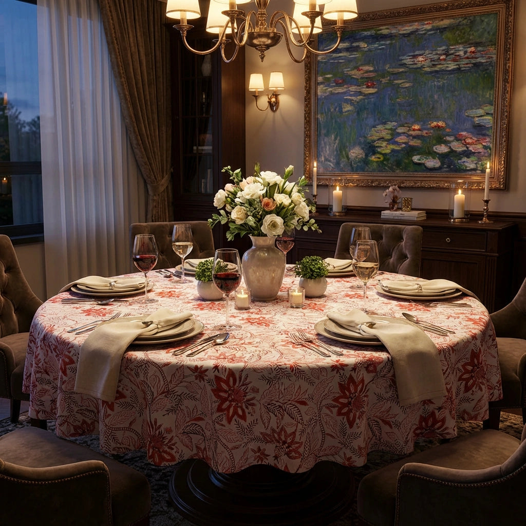 A round dining table set for six in a warmly lit dining room. The table is covered with a pink and red floral tablecloth, set with folded cream napkins, wine glasses, plates, and a central floral arrangement.