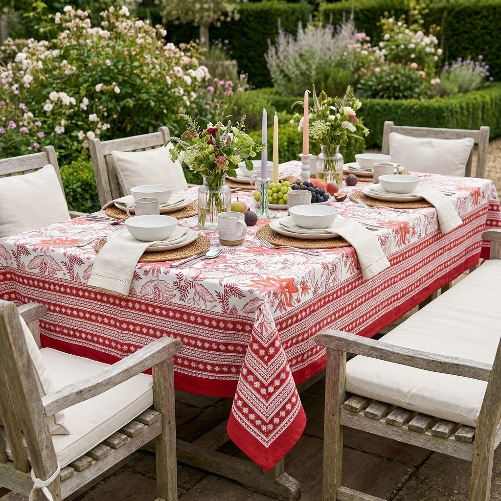 A red and white patterned tablecloth with a Nordic-style design is draped over an outdoor dining table set with white chairs, white plates, and floral centerpieces in a garden setting.