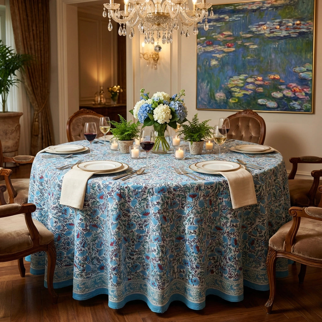 A round dining table set for six in a beautifully decorated dining room. The table is covered with a light blue and white floral patterned tablecloth, set with white plates, folded cream napkins, wine glasses, and a central bouquet of blue and white flowers.