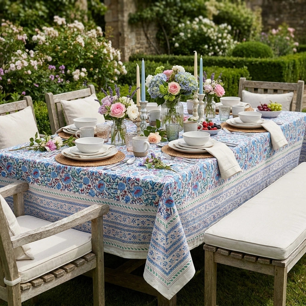 Tablecloth 12 seater in Cotton Hand Block Printed Cotton Tablecloth 180x340 | Bush Flower Blue Open 105199