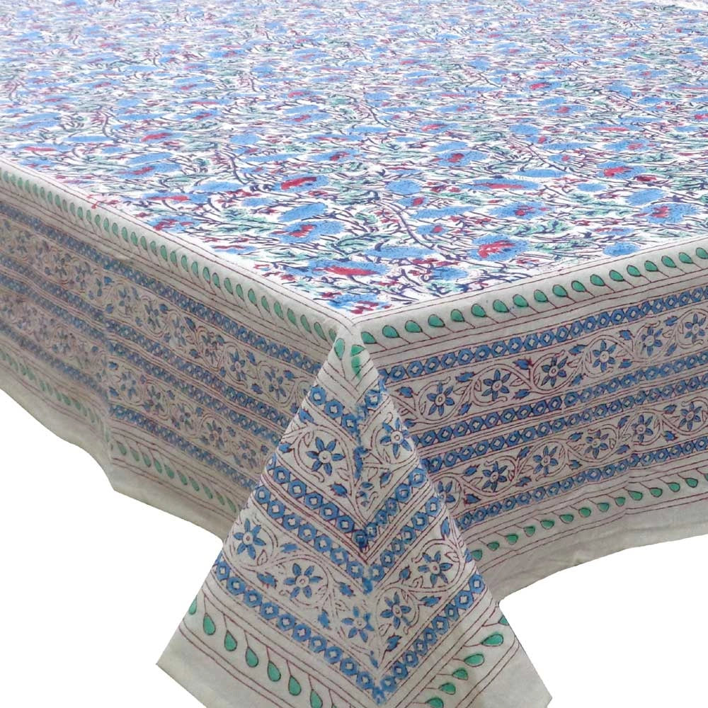 Tablecloth 12 seater in Cotton Hand Block Printed Cotton Tablecloth 180x340 | Bush Flower Blue Open 105199