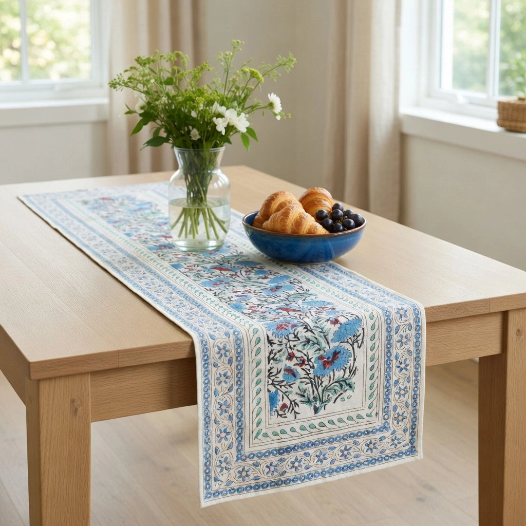 A rectangular table runner with a blue and white floral pattern is styled on a light wood dining table. The runner features a central panel with blue birds and floral motifs, bordered by intricate floral details.