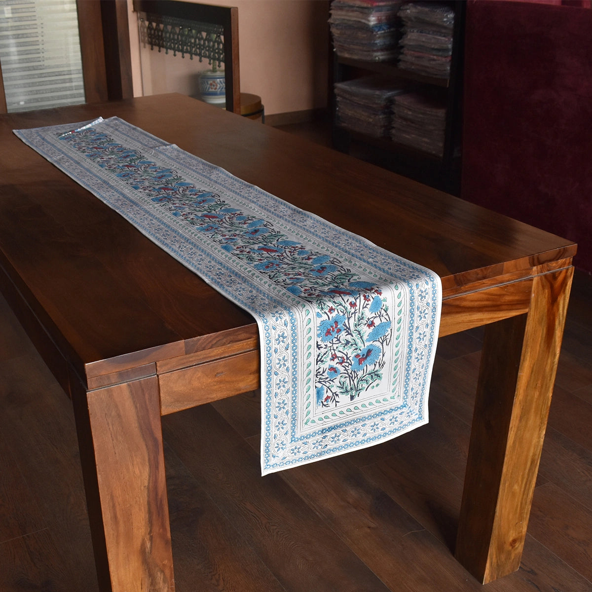 Dining Table Runner Bush Flower Blue Open