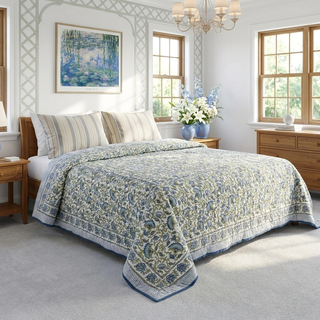 Jaipur Quilt For Double Bed Carnation Blue