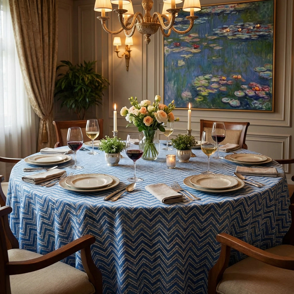 A round dining table set for six in a beautifully decorated room, featuring a blue and white chevron patterned tablecloth, plates, wine glasses, candles, and a floral centerpiece. In the background, a large painting of water lilies hangs on the wall.