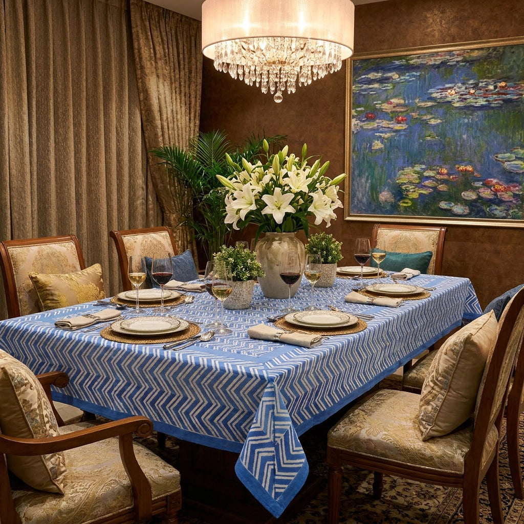 A dining room set with a blue and white patterned tablecloth, matching place settings, a large floral centerpiece of white lilies, and elegant upholstered chairs. A large framed painting of a lily pond hangs on the wall behind the table.