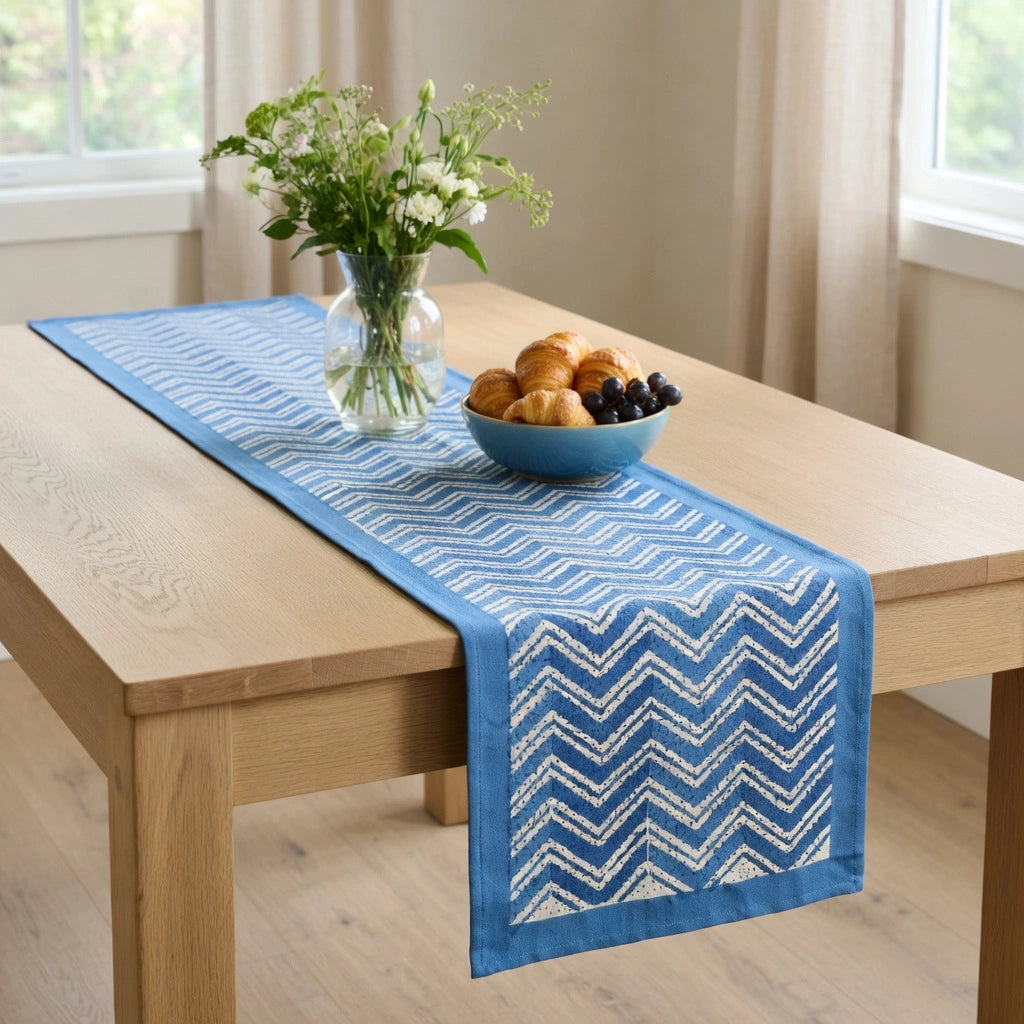 Hand Block Printed Cotton Canvas Table Runner 33x170 cms | Chevron Blue 107041