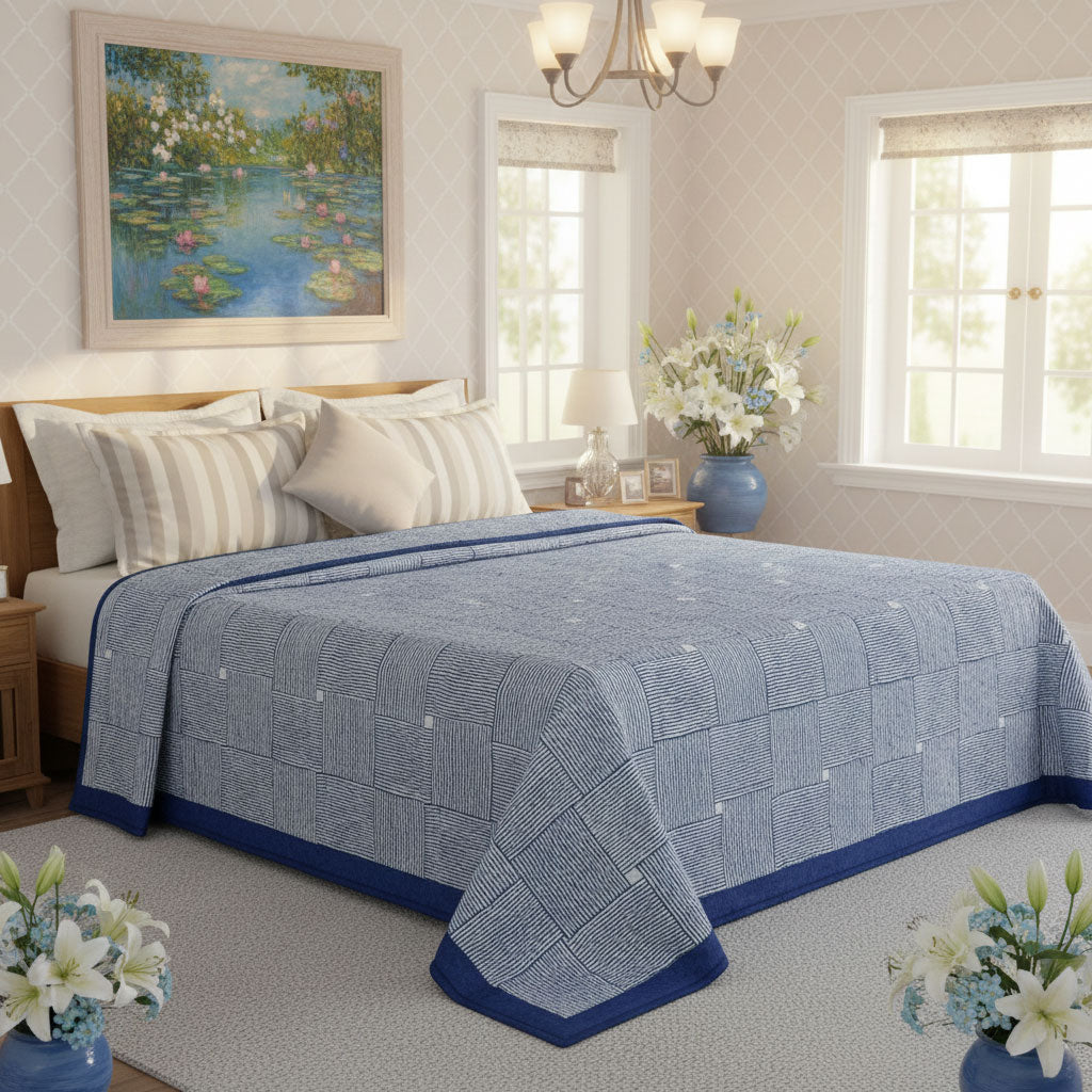 A blue and white patterned quilted bedspread with a solid navy blue border is styled on a bed in a bright, modern bedroom. The bed is decorated with striped and solid white pillows, and the room features a water lily painting on the wall, a chandelier, and floral arrangements.
