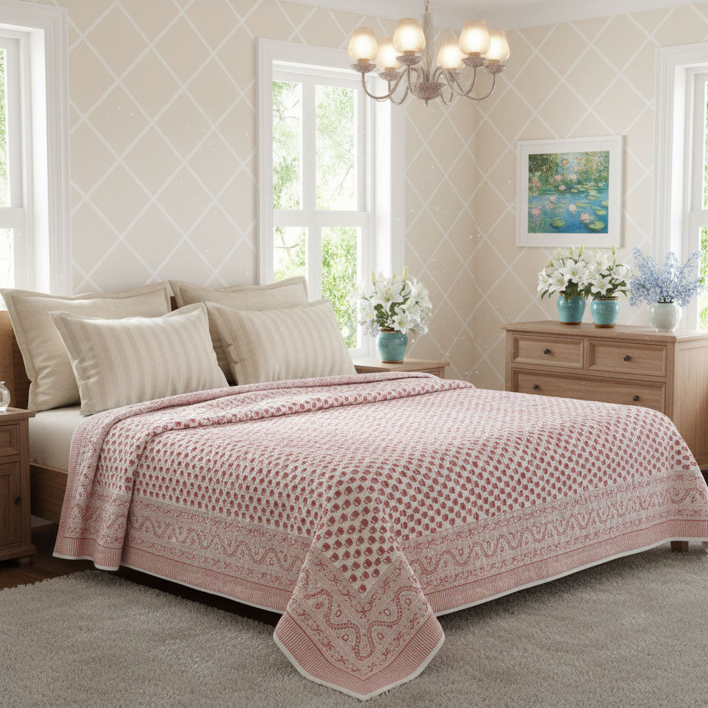 A pink patterned quilted bedspread with matching shams and pillows is styled on a bed in a bright, modern bedroom with beige walls, a wooden dresser, and a chandelier.