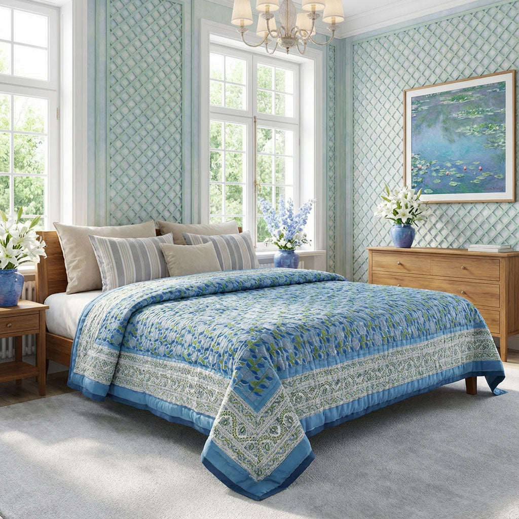 A blue and green patterned comforter set styled on a wooden bed in a bright, light blue bedroom with patterned wallpaper, a dresser, and a painting.