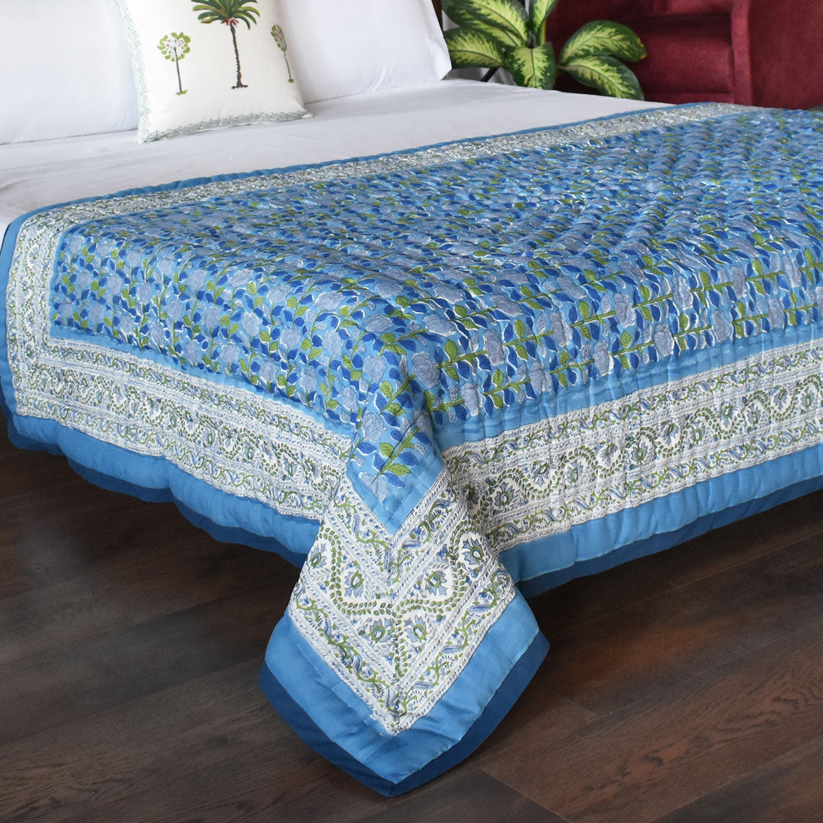 Hand Block Print Quilt Single | Climbing Flower Blue 500930
