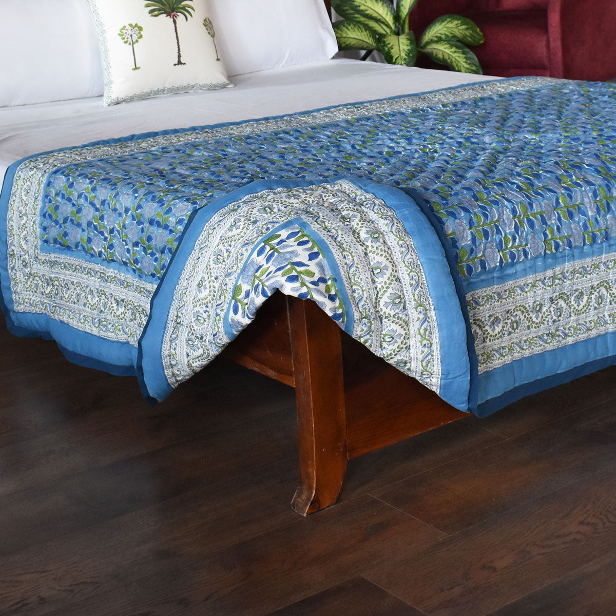 Hand Block Print Quilt Single | Climbing Flower Blue 500930