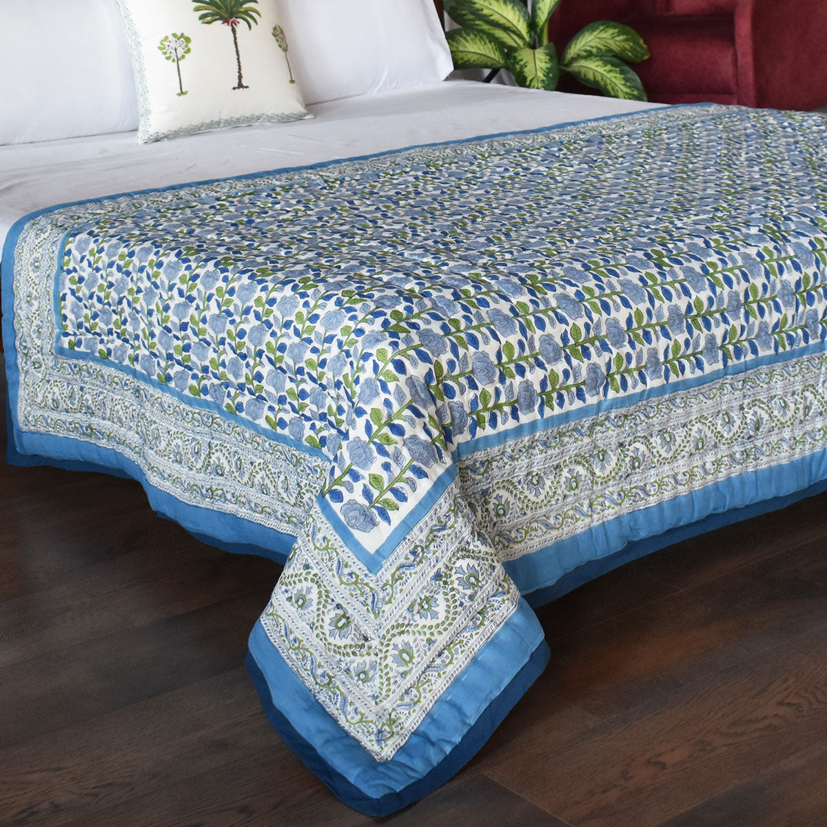 Hand Block Print Quilt Single | Climbing Flower Blue 500930