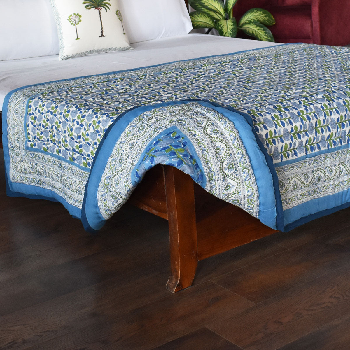 Hand Block Print Quilt Single | Climbing Flower Blue 500930