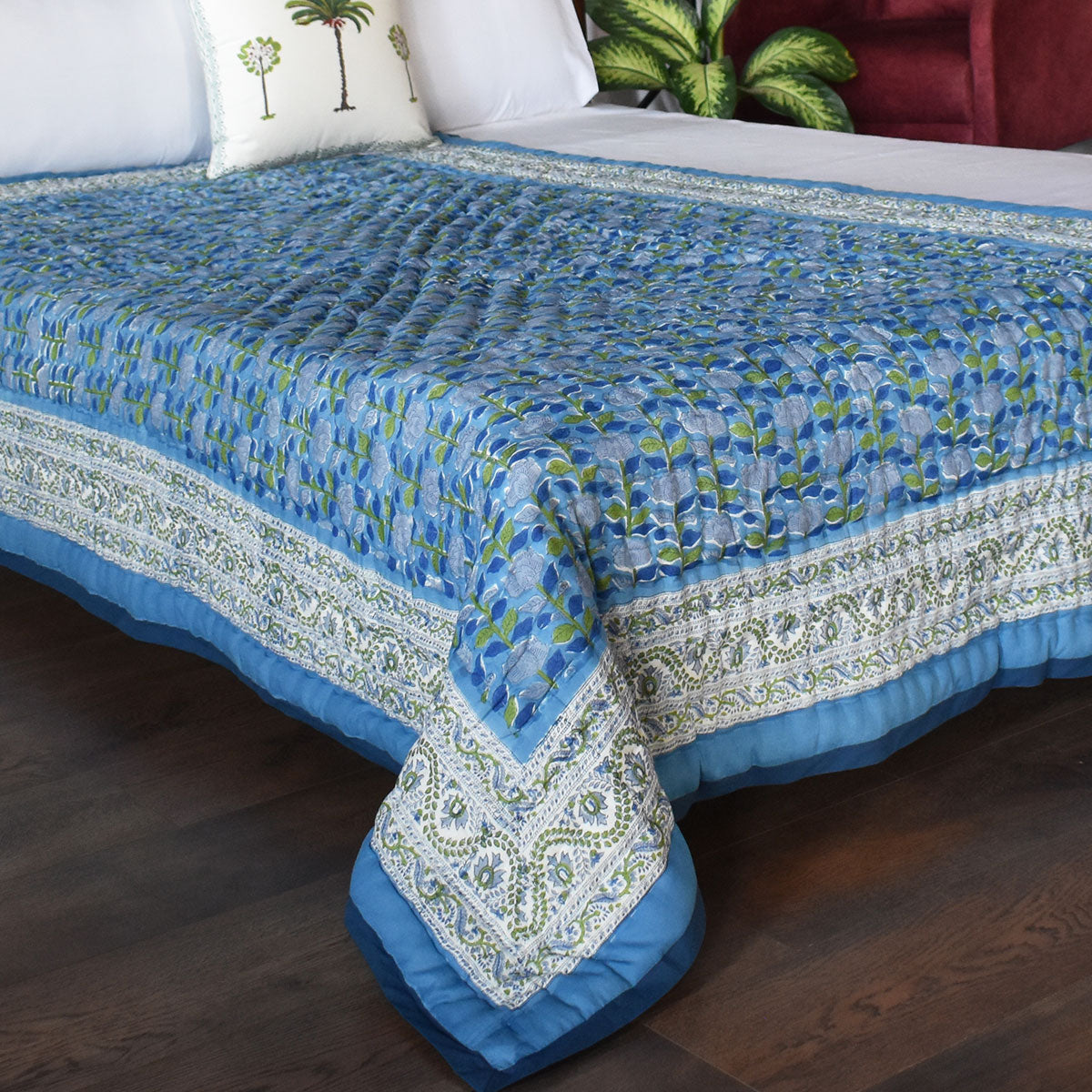 Hand Block Print Quilt Single | Climbing Flower Blue 500930
