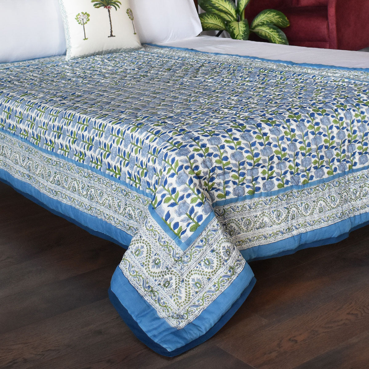 Hand Block Print Quilt Single | Climbing Flower Blue 500930