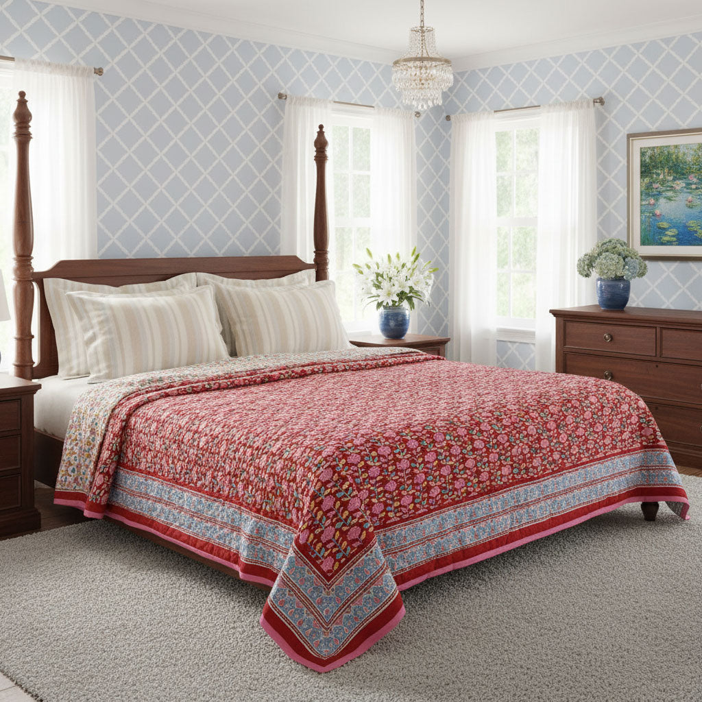 Natural Dye Queen Size Quilt | Climbing Flower Red 500928