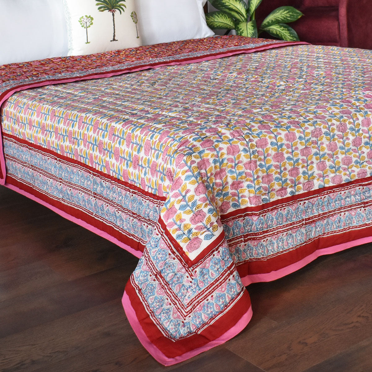 Natural Dye Queen Size Quilt | Climbing Flower Red 500928