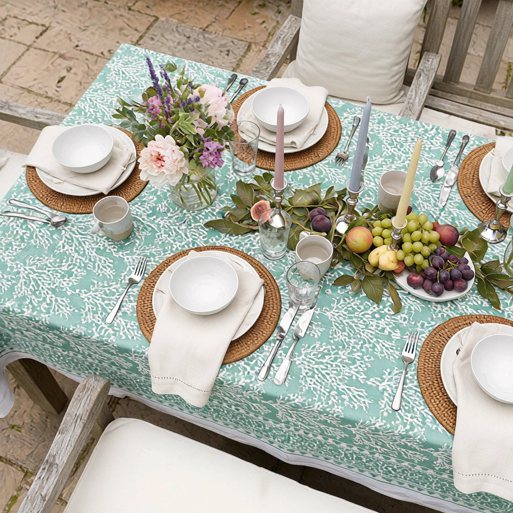 Hand Block Print Tablecloth | Coral Green 202530