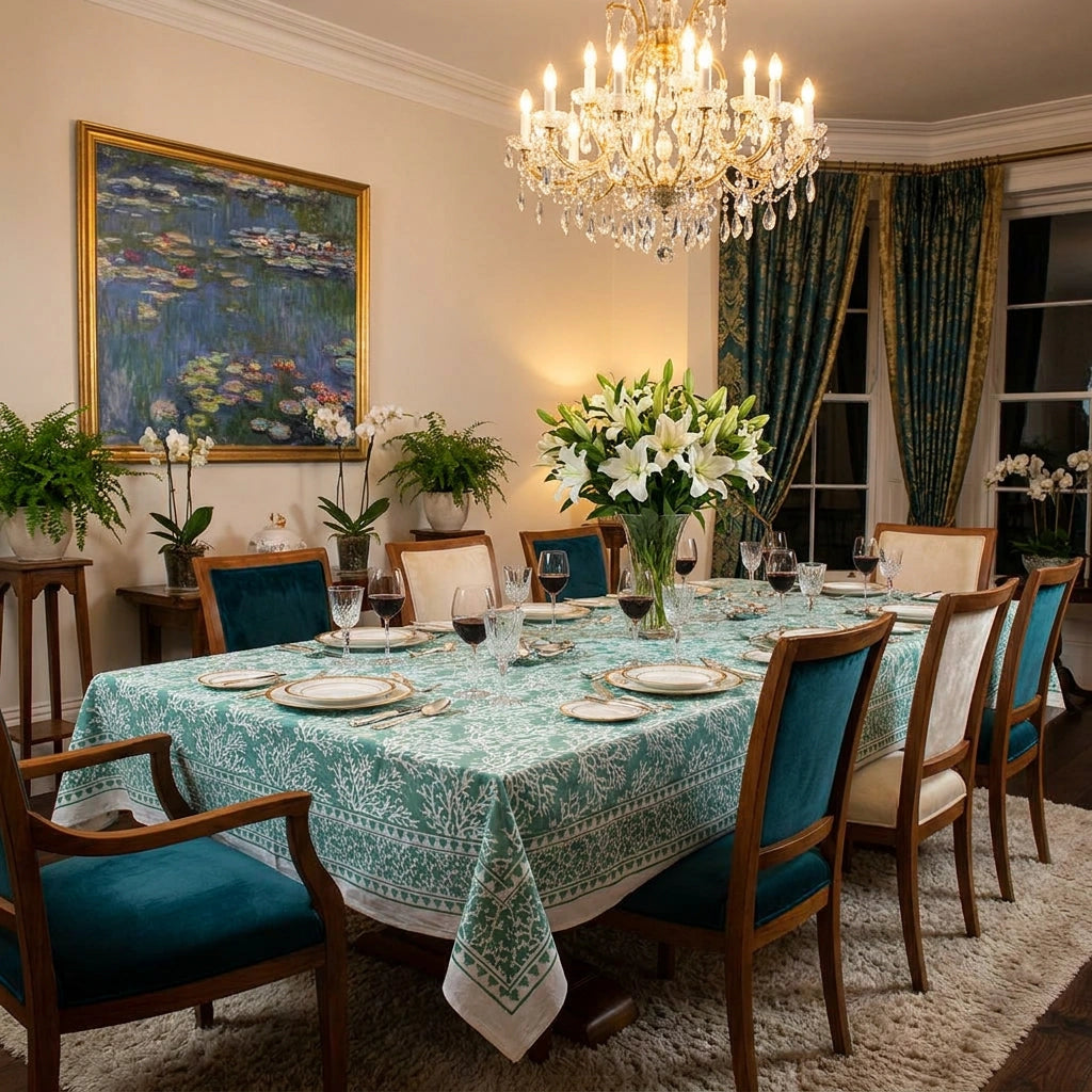 A formal dining room set with a rectangular table covered in a teal and white patterned tablecloth, surrounded by wooden chairs with teal upholstery. The table is fully set with white plates, wine glasses, and a large vase of white lilies.