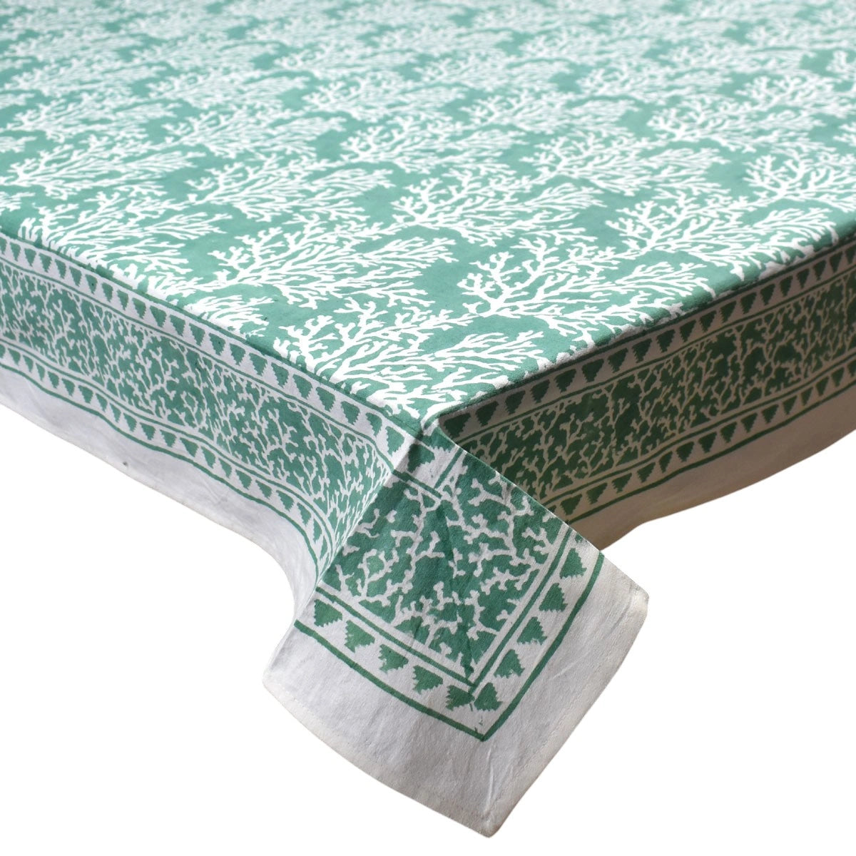 Hand Block Print Tablecloth | Coral Green 202530