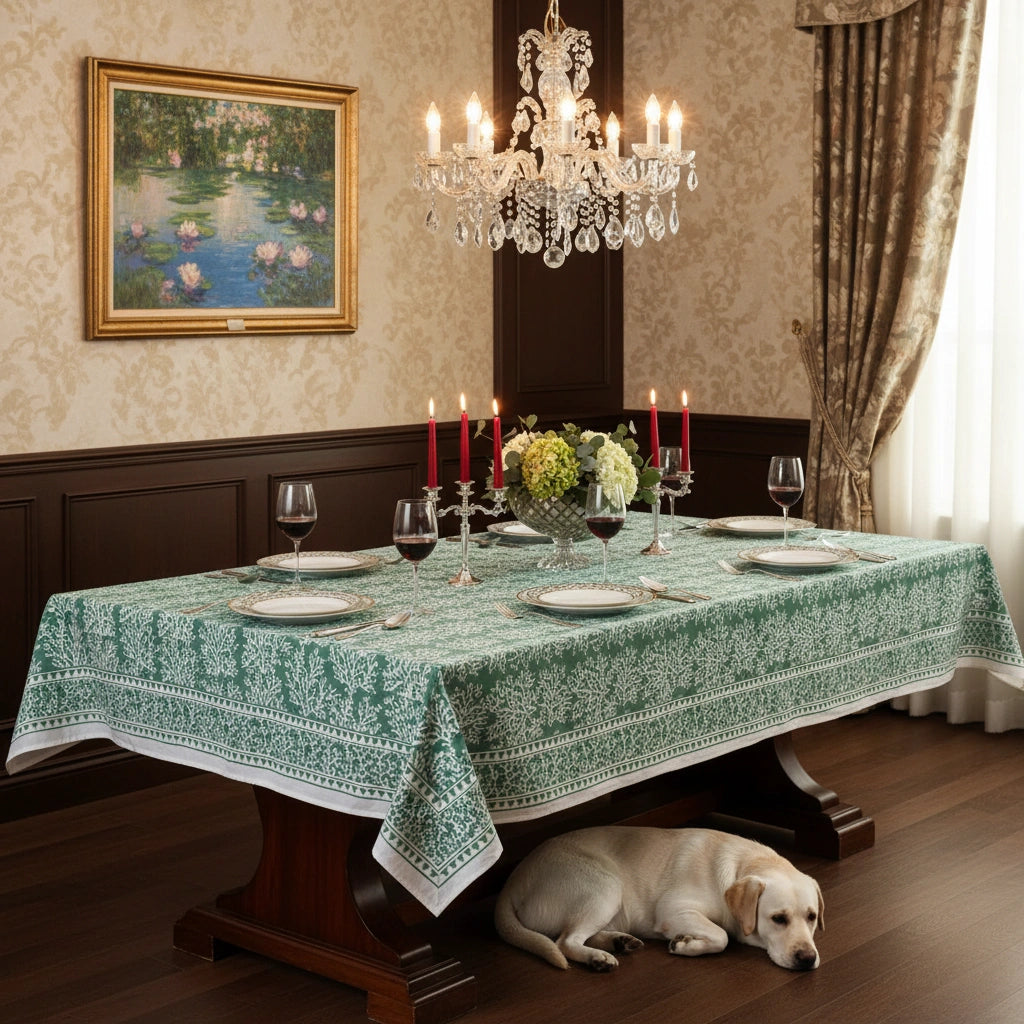 Hand Block Print Tablecloth | Coral Green 202530