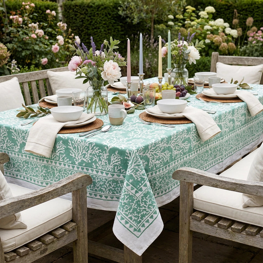 A mint green and white patterned tablecloth with a matching napkin is styled on an outdoor wooden dining table set with plates, bowls, candles, and floral centerpieces in a garden setting.