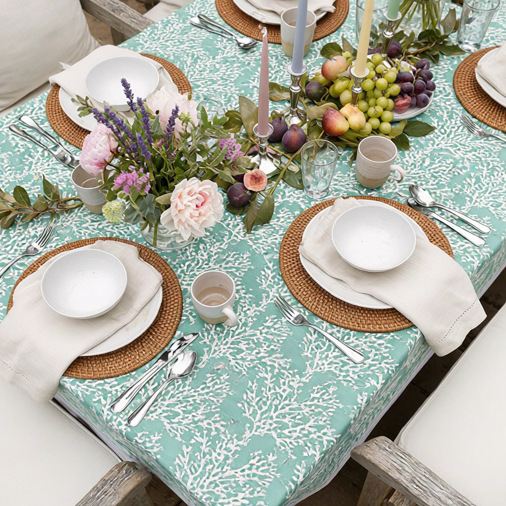 Hand Block Print Tablecloth | Coral Green 202530