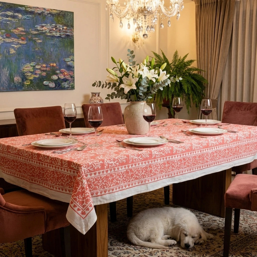 Wood Block Printed Handmade Tablecloth 150x220 cms | Coral Jaipur Pink 202528
