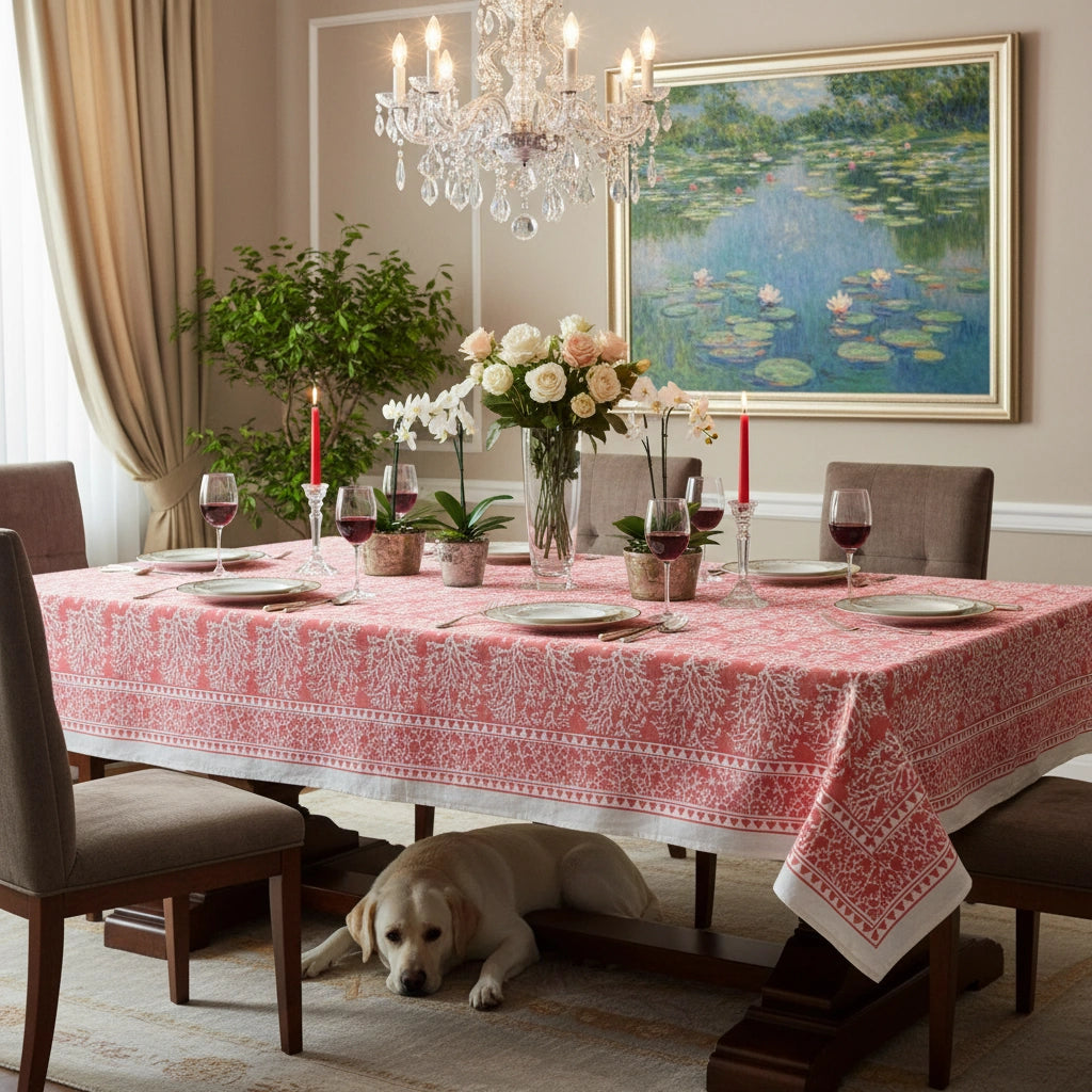 Wood Block Printed Handmade Tablecloth 150x220 cms | Coral Jaipur Pink 202528