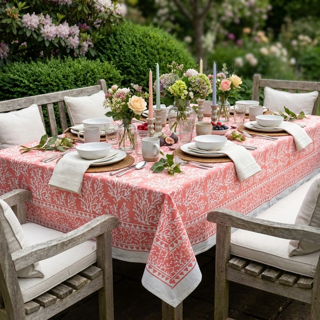 A coral pink and white patterned tablecloth with a botanical branch design is draped over an outdoor dining table set with white plates, folded napkins, candles, and floral centerpieces, surrounded by weathered wooden chairs in a garden setting.